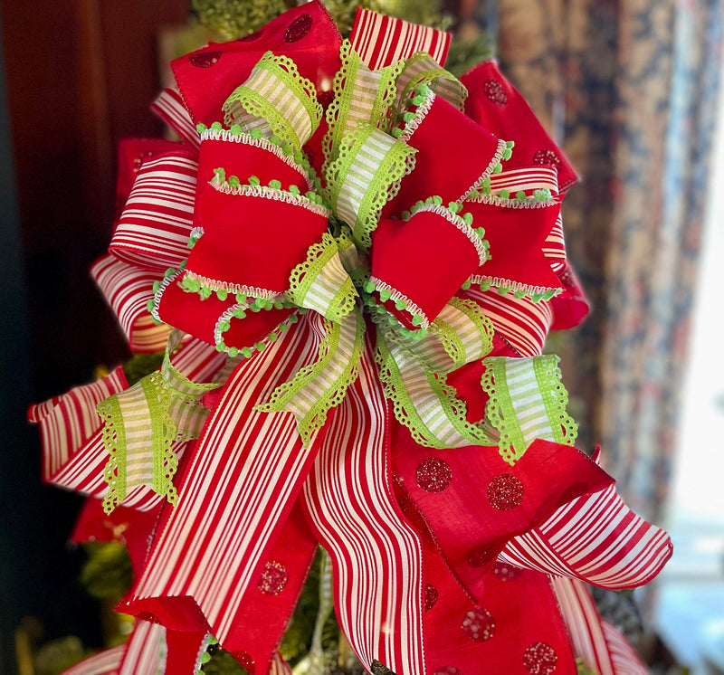 The Margaret Red & Green Christmas Tree Topper Bow