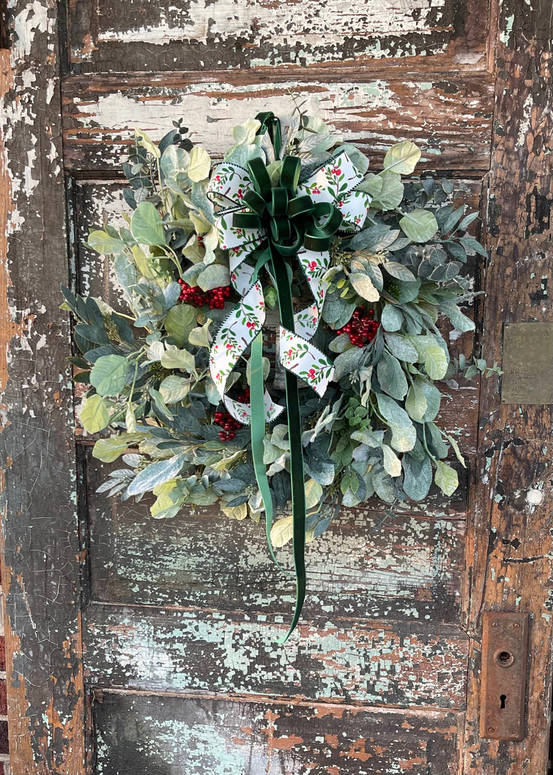 The Tess Eucalyptus Lambs Ear Christmas Wreath with Berries & Bell