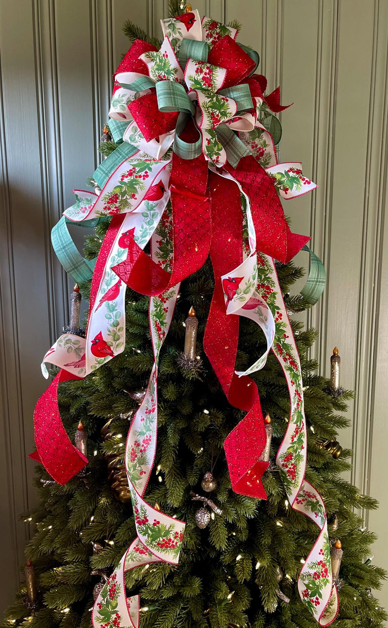 Red Cardinal & Eucalyptus Wired Ribbon 2.5" x 10 YARD ROLL