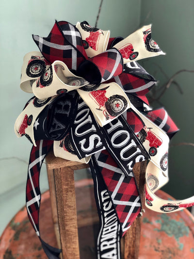 The Reba Red Black & White Farmhouse Lantern Bow~Tractor Bow for wreaths~Swag bow~Bow for wreaths~long streamer bow