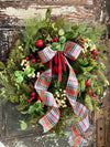 The Maribelle Winter Rustic Red & White Evergreen Christmas Wreath For Front Door~Farmhouse Pine berry jingle bell wreath~tartan plaid Xmas