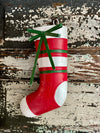 Red White & Green Metal Christmas Stocking Wall Vase~Farmhouse Christmas decor~Large Stocking wall hanger, holiday stocking