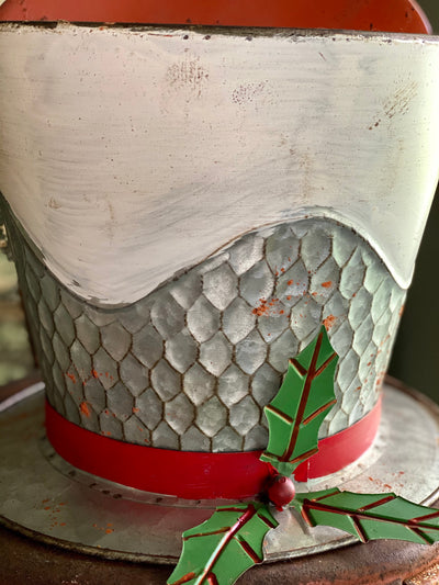 Red White Silver & Green Metal Christmas Top Hat Planter~Farmhouse Christmas decor~Christmas tree bucket, holiday container-pot cover