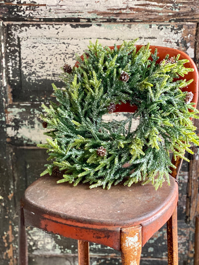 The Lissette Frosted Pine Christmas Candle Ring, winter candle ring~mini christmas wreath~farmhouse Christmas decor