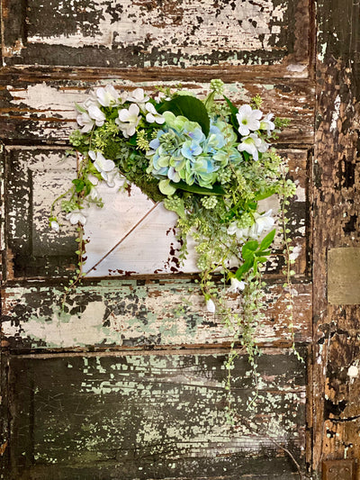 Blue Hydrangea & Greenery Spring Front Door Wreath, Antiqued White Metal Envelope Wall Pocket, Farmhouse wall decor, Easter decor