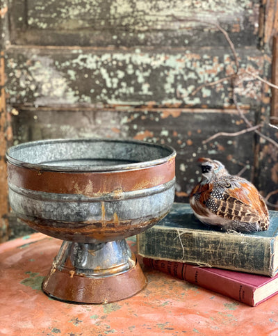 Galvanized Rustic Round Metal Compote, Farmhouse distressed rusty look footed bowl, Large round metal planter, bulb planter, rustic urn