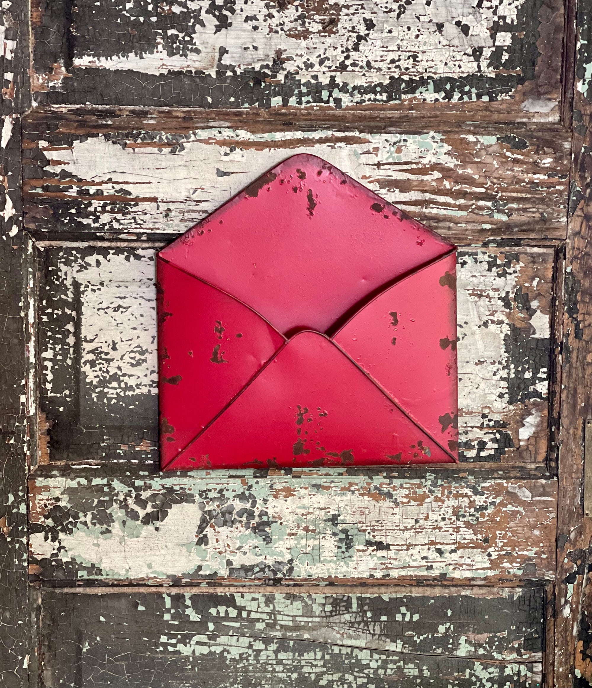 Vintage Style Antiqued Red Metal Envelope Wall Pocket
