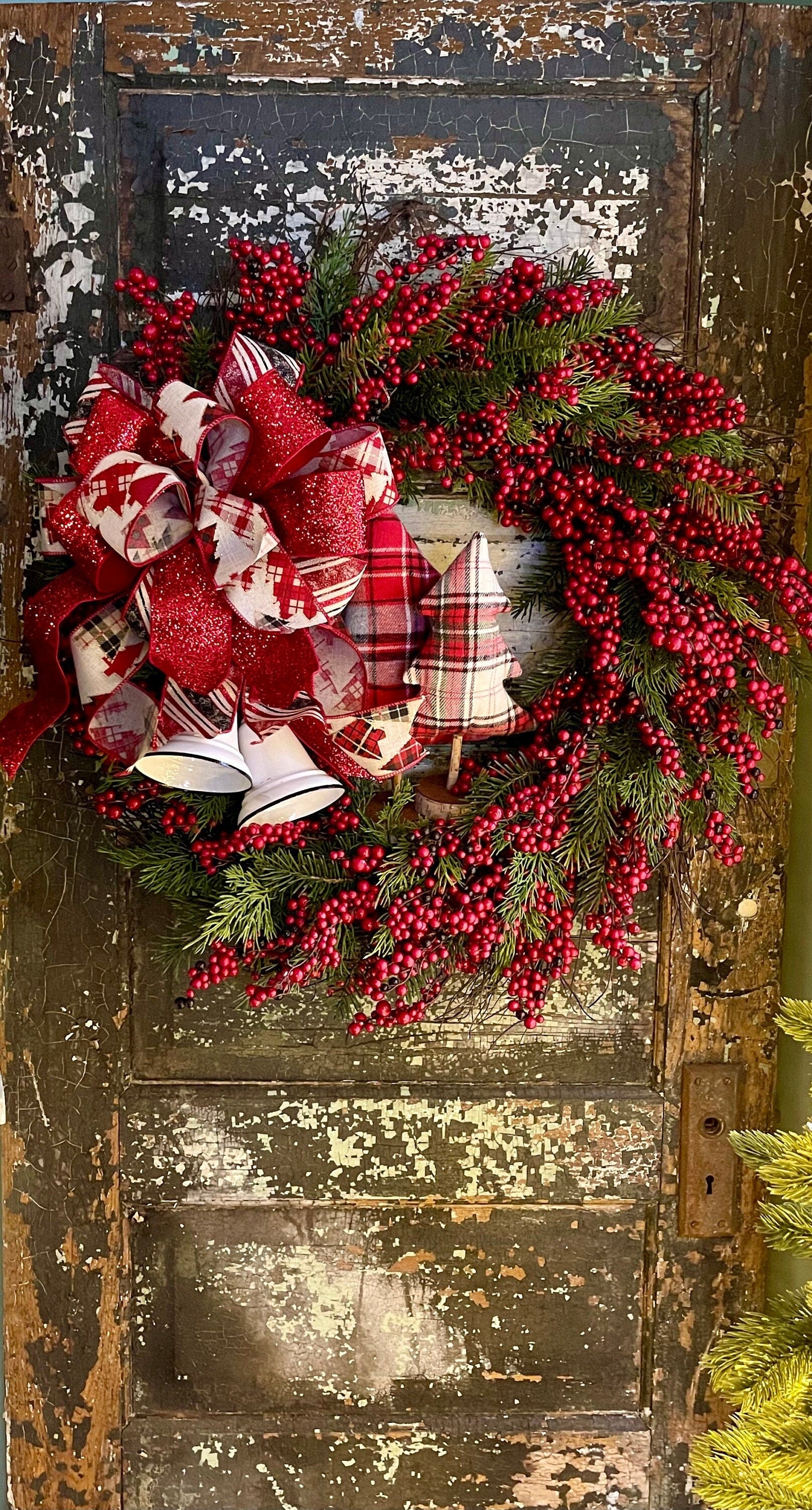 The Jingle Winter Rustic Red & White Evergreen Christmas Wreath For Front Door