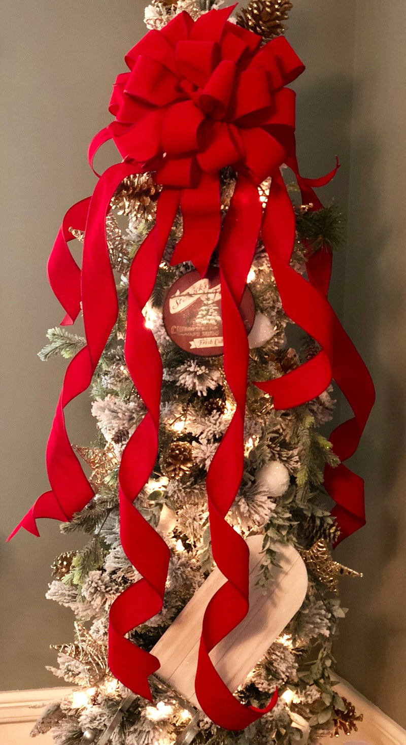 The Carol Red Velvet XL Christmas Tree Topper Bow~Oversize red velvet bow with extra long streamers~ribbon topper~large bow for wreaths