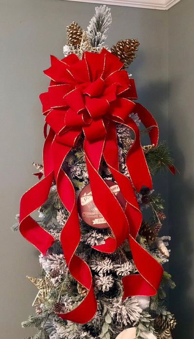 The Stella Red and Gold Velvet Christmas Tree Topper Bow~bow for wreaths~XL traditional christmas bow~oversize bow with long streamers