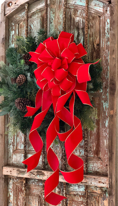 The Stella Red and Gold Velvet Christmas Tree Topper Bow~bow for wreaths~XL traditional christmas bow~oversize bow with long streamers