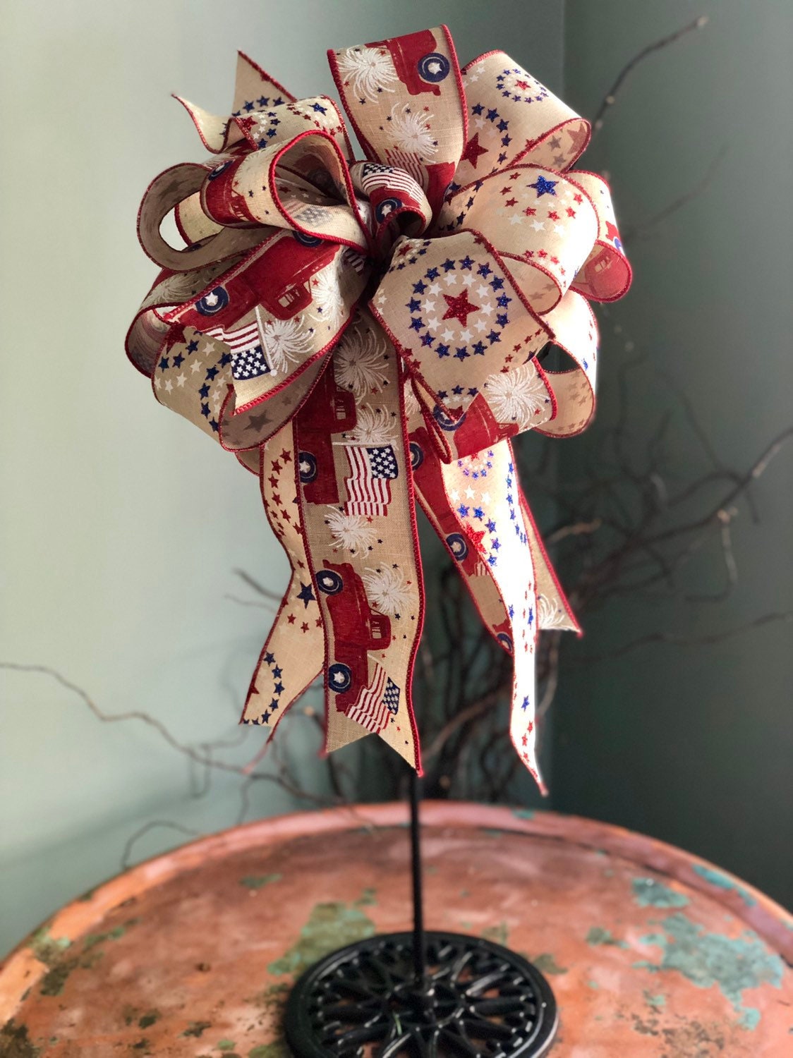 The Barbara Red White & Blue American Flag Bow For Lanterns and Wreaths