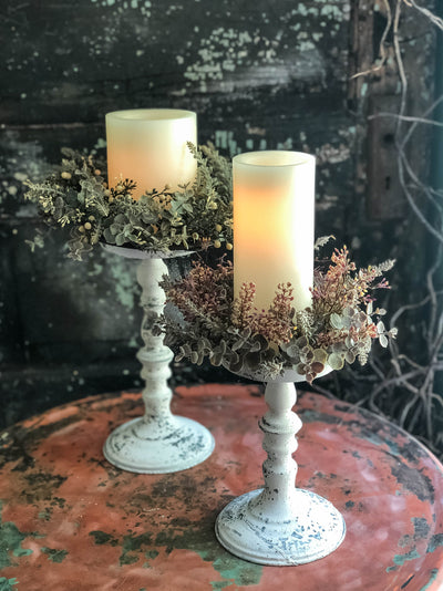 The Madeline White Distressed Pillar Candle Holder~Farmhouse candle stand for pillar candle~shabby chic decor~small tray stand~Cottage decor