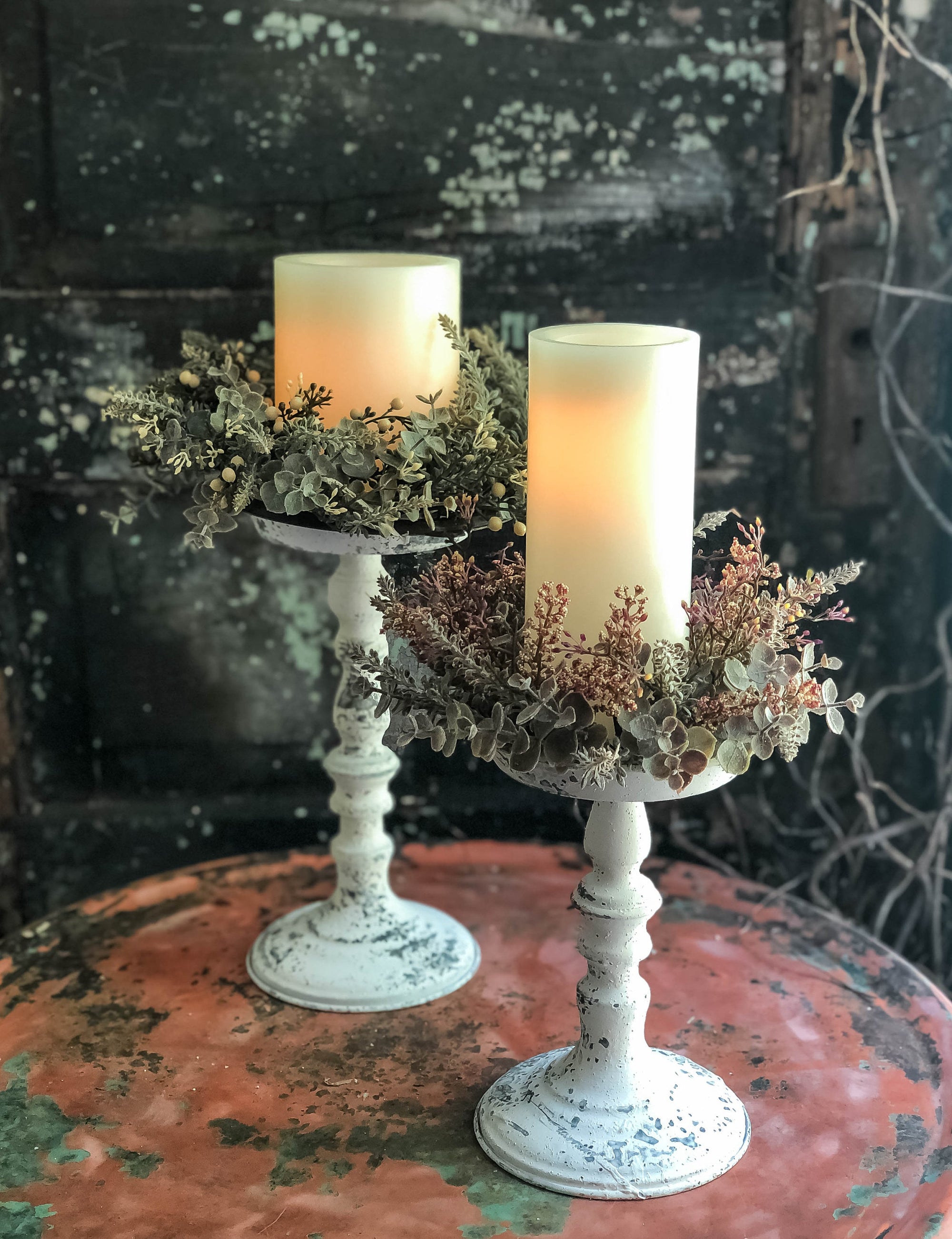 The Madeline White Distressed Pillar Candle Holder~Farmhouse candle stand for pillar candle~shabby chic decor~small tray stand~Cottage decor