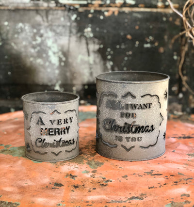 Set of 2 aged gray metal luminary candle holders