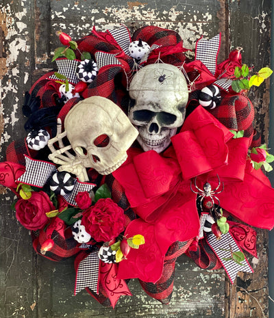 The Cruella Red Black & White Halloween Skull Wreath