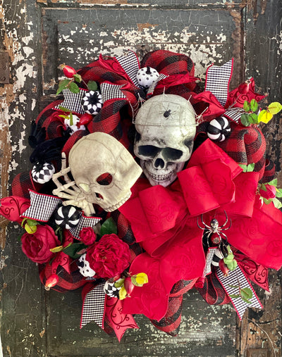 The Cruella Red Black & White Halloween Skull Wreath