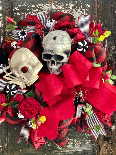 The Cruella Red Black & White Halloween Skull Wreath