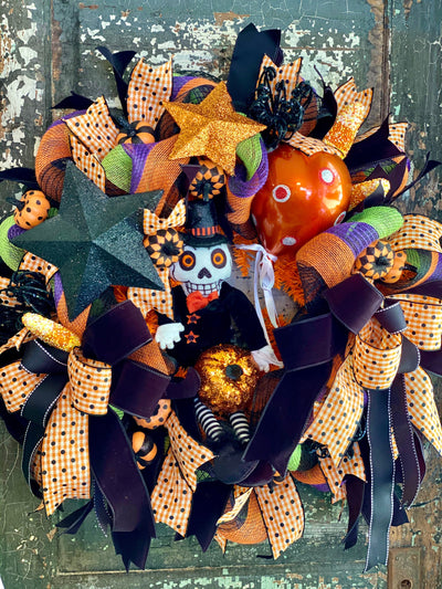 Mr BooJangles Orange Black & White Halloween Wreath