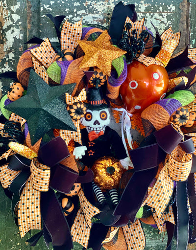 Mr BooJangles Orange Black & White Halloween Wreath
