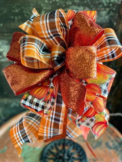 The Hazel Orange Black & White Pumpkin Bow For Wreaths