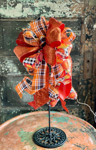 The Hazel Orange Black & White Pumpkin Bow For Wreaths