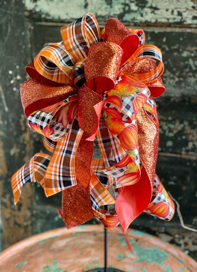 The Hazel Orange Black & White Pumpkin Bow For Wreaths