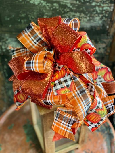 The Hazel Orange Black & White Pumpkin Bow For Wreaths