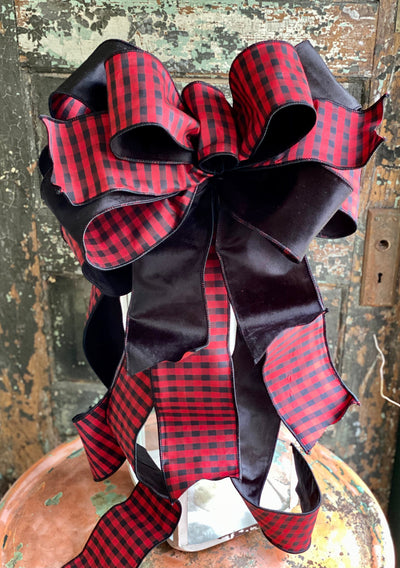 The Linda Red & Black Buffalo Check Lux Christmas Tree Topper Bow~extra large bow for wreath~farmhouse velvet bow~christmas decor