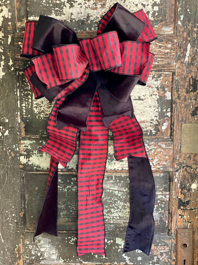 The Linda Red & Black Buffalo Check Lux Christmas Tree Topper Bow~extra large bow for wreath~farmhouse velvet bow~christmas decor