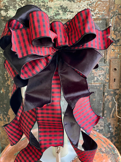 The Linda Red & Black Buffalo Check Lux Christmas Tree Topper Bow~extra large bow for wreath~farmhouse velvet bow~christmas decor