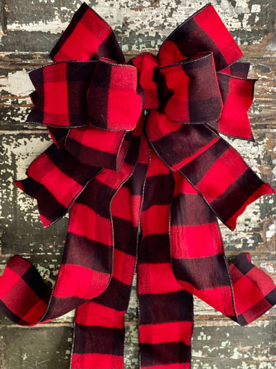 The Sidney Red & Black Flannel Buffalo Check Christmas Tree Topper Bow~extra large bow for wreath~farmhouse bow~winter bow for lantern