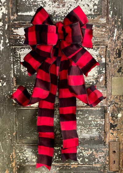 The Sidney Red & Black Flannel Buffalo Check Christmas Tree Topper Bow~extra large bow for wreath~farmhouse bow~winter bow for lantern