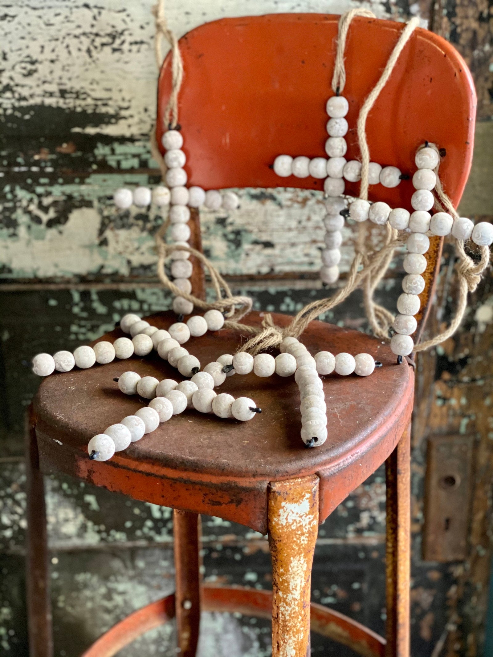 Whitewash Wood Bead Cross Garland