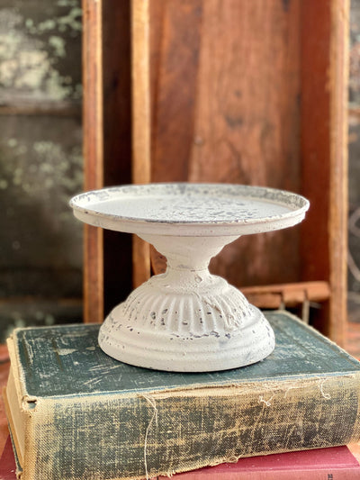 White Distressed Metal Pedestal Candle Stand