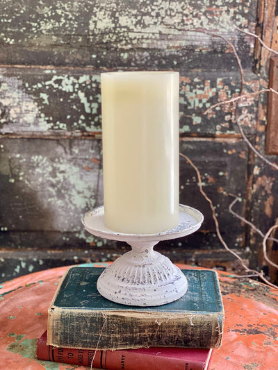 White Distressed Metal Pedestal Candle Stand