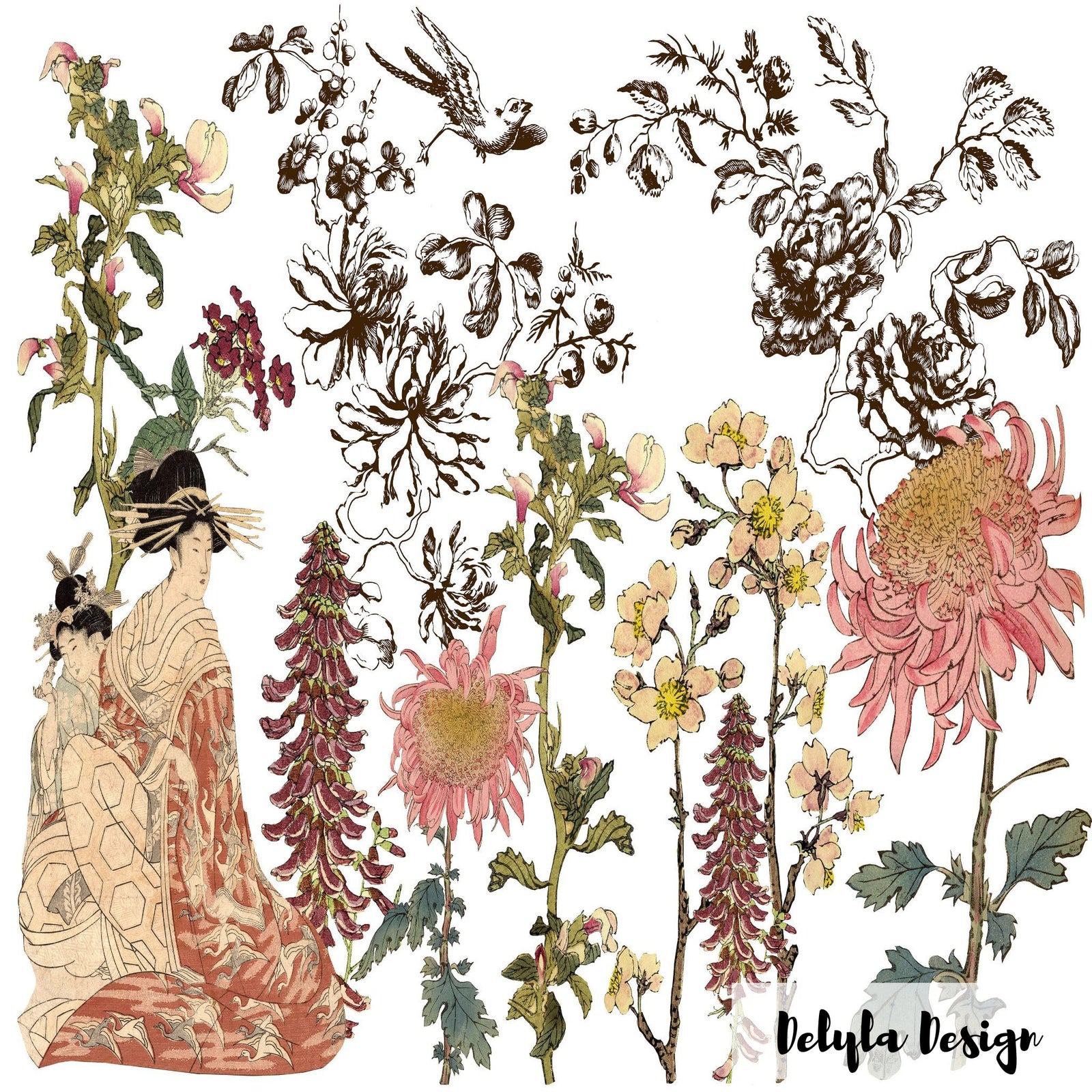 IOD Japonica Floral Rub On Transfer Sheet (12x16)