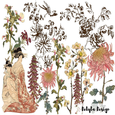 IOD Japonica Floral Rub On Transfer Sheet (12x16)