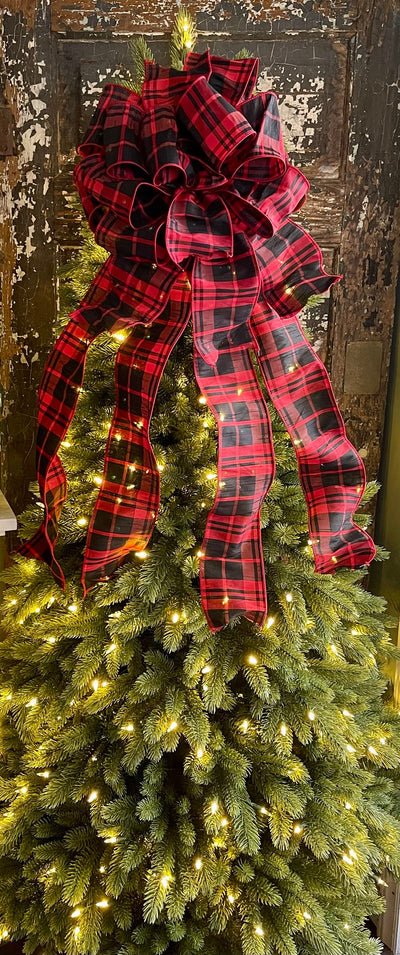 The Helena Check Christmas Tree Topper Bow~Red & Black extra large bow for wreath~farmhouse Christmas tree bow~Rustic christmas decor