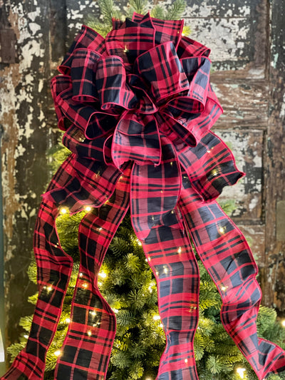 The Helena Check Christmas Tree Topper Bow~Red & Black extra large bow for wreath~farmhouse Christmas tree bow~Rustic christmas decor