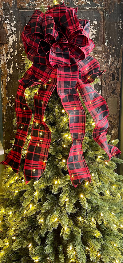 The Helena Check Christmas Tree Topper Bow~Red & Black extra large bow for wreath~farmhouse Christmas tree bow~Rustic christmas decor