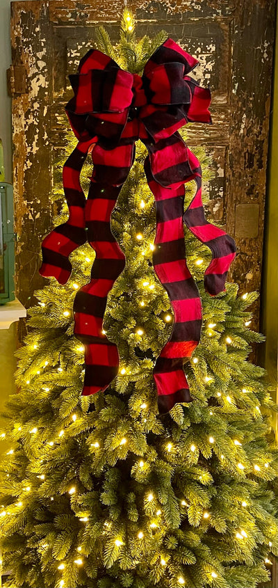 The Sidney Red & Black Flannel Buffalo Check Christmas Tree Topper Bow~extra large bow for wreath~farmhouse bow~winter bow for lantern