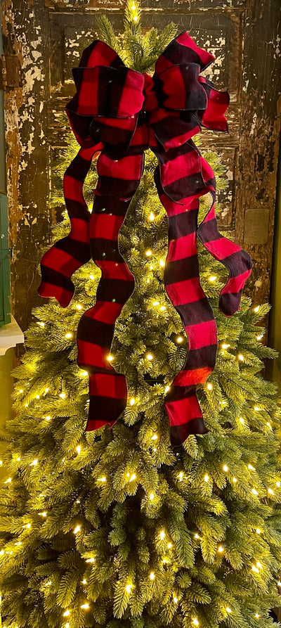 The Sidney Red & Black Flannel Buffalo Check Christmas Tree Topper Bow~extra large bow for wreath~farmhouse bow~winter bow for lantern