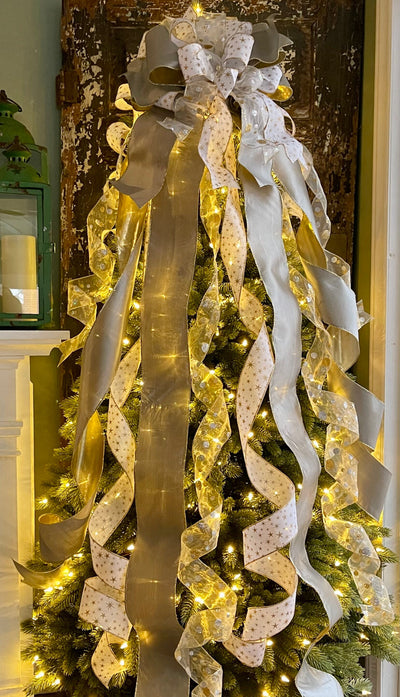 The Starla White Platinum & Gold Taffeta Christmas Tree Topper Bow