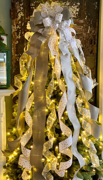 The Starla White Platinum & Gold Taffeta Christmas Tree Topper Bow