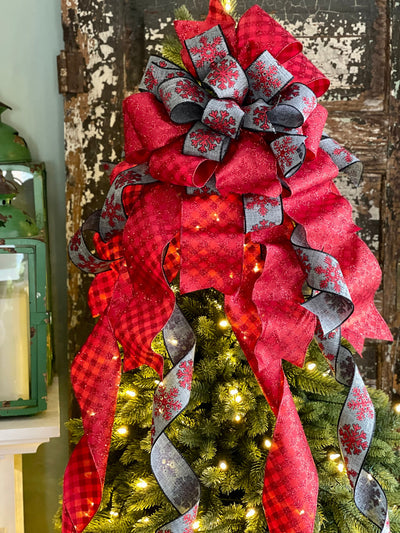 The Elsbeth Red & Navy Blue Snowflake Christmas Tree Topper Bow