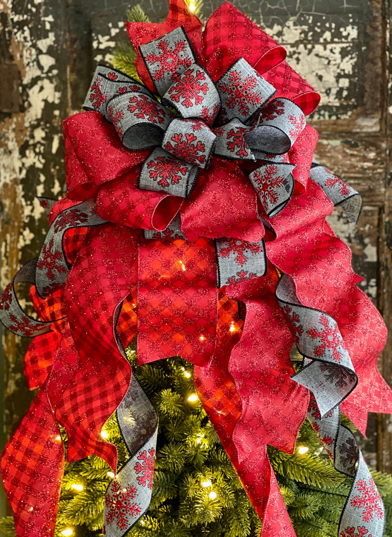 The Elsbeth Red & Navy Blue Snowflake Christmas Tree Topper Bow