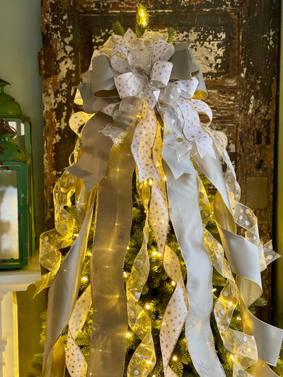 The Starla White Platinum & Gold Taffeta Christmas Tree Topper Bow