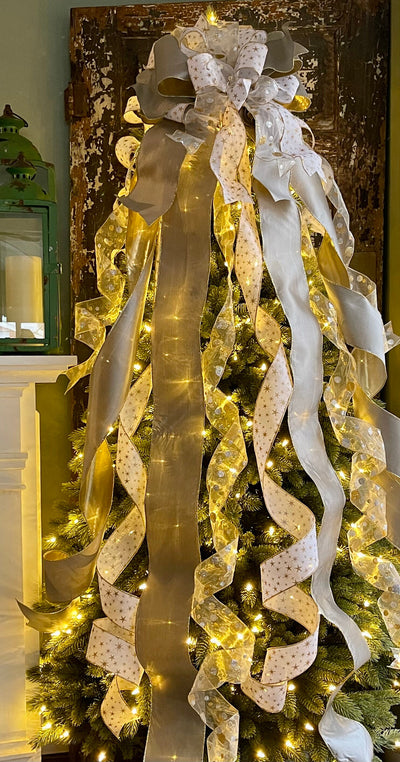 The Starla White Platinum & Gold Taffeta Christmas Tree Topper Bow