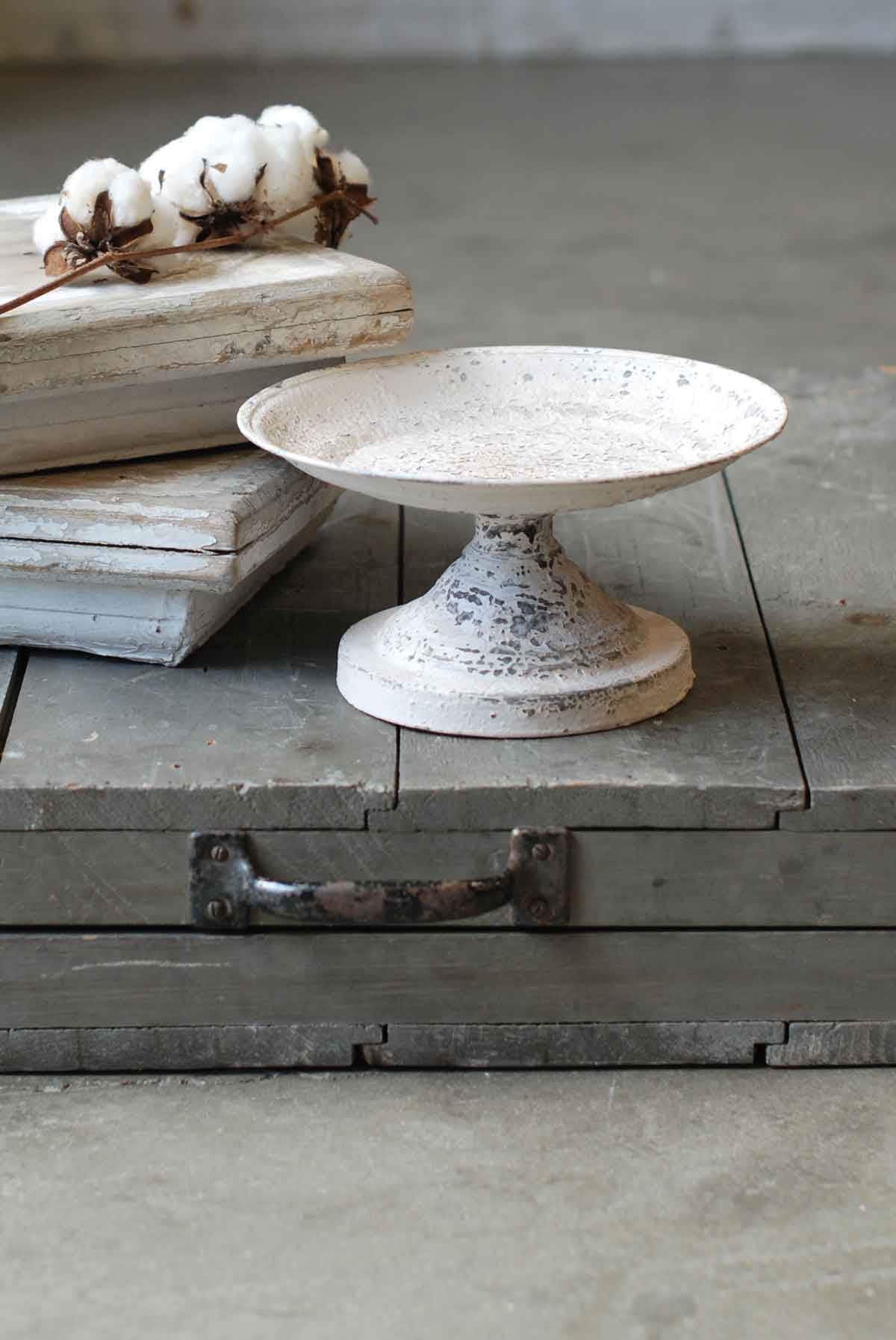The Kinley White Distressed Metal Pedestal Stand,Farmhouse candle stand~shabby chic decor~small tray stand~Cottage decor